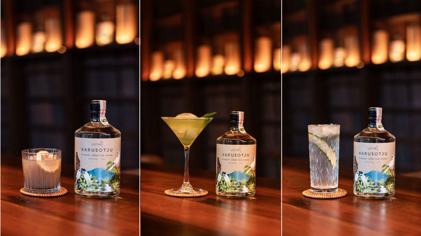 Karosotju cocktail selection displayed with bottles and drinks under warm ambient lighting.